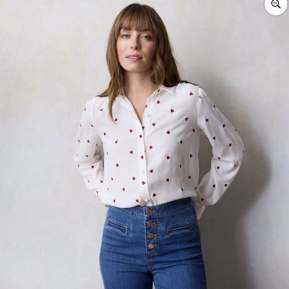 LC Lauren Conrad Blouse Size Large Button Shirt White Red Hearts Women’s NWT - Picture 1 of 5